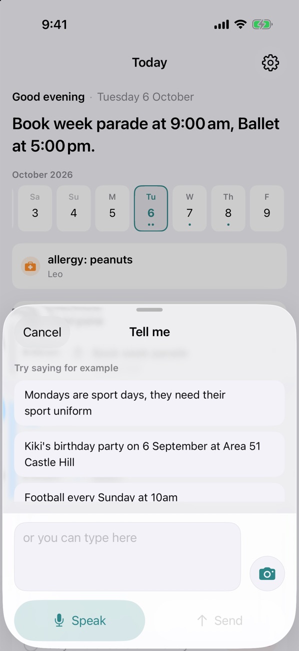 The Tell me sheet with example sentences, a text box and a Speak button.
