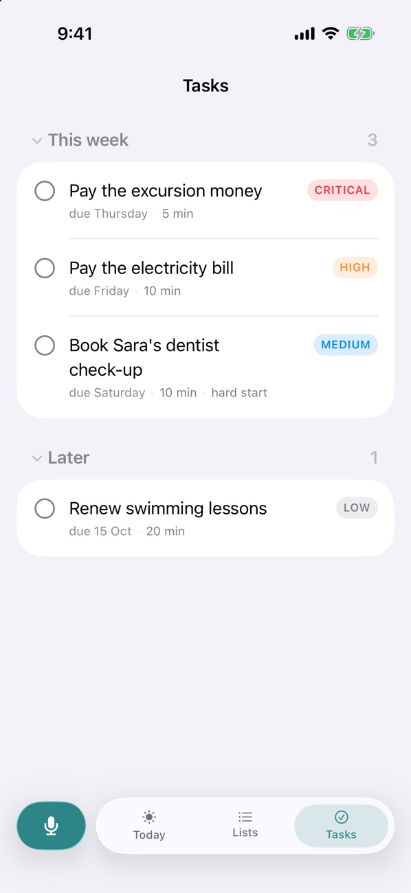 The Tasks screen listing excursion money, the electricity bill and a dentist booking, sorted by priority.
