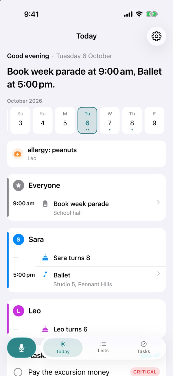 Organo's Today screen: Tuesday 6 October, book week parade at 9am and ballet at 5pm, an allergy note for Leo, and each child's day.